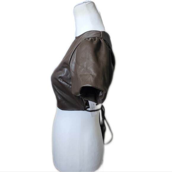 Kirious NWT Come Across It Faux Leather Crop Top, Puff Sleeves, Brown, M - Picture 4 of 11